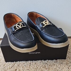 Valentino Black Loafers with Gold Logo